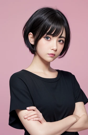 perfect detailed,masterpiece,photographic,8k photo,short hair,black hair,{thick eyeblows},Single,tsurime:1.2,small hoobs,pink ,blue scart,Cross your arms,standing,evening,Eye patch