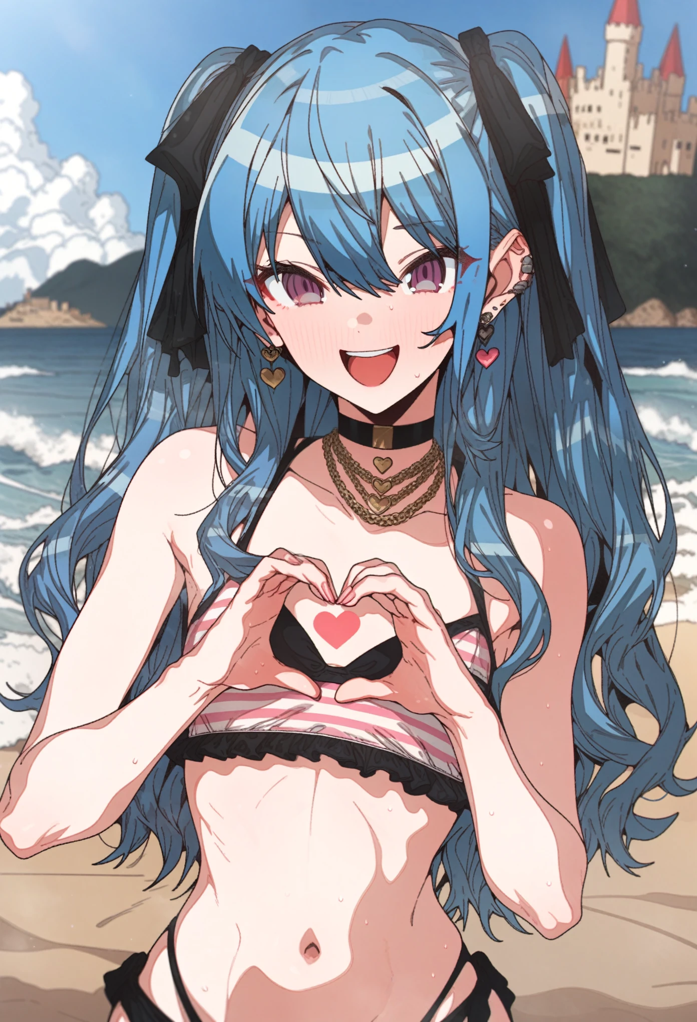hoshimachi_suisei, Artist, erere, Copyrights, idolmaster, idolmaster_shiny_colors, Character, General, 1girl, blue_hair, wavy_bangs, blush, breasts, smile, heart_hands, brown_eyes, censored, long_hair, medium_breasts, striped bikini, pink_bikini, frilled_bikini, navel, open_mouth, raised_eyebrow, teeth, two_side_up, ((full_body)), standing, ((detailed beach in background, sand buckets behind character, sand castle, waves, sand, outdoors)), looking_at_viewer, facing_viewer, masterpiece, best_quality, great_quality, girl, solo, center_composition, centered character, medium_shot, sky