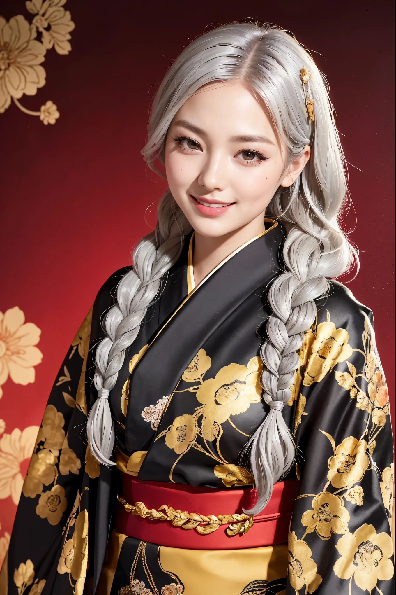 Realistic, masterpiece, highest quality, Highest Resolution, (1girl:1.3), 20-year-old, Sharp Eyes, Grinning smile, Slightly to the side, Definitely watching the audience, (Beautiful fine details, Iris, (Hidden eyelid wrinkles:1.2), Thin eyebrows, Draw eyelashes carefully, Natural Makeup, Mid-length hair, Silver Hair, Gathered braids, Detailed face), (Gold thread floral design, Black long-sleeved kimono, Red bag obi:1.3),(Figure from the chest up:1.2), Portraiture, (Primary color floral background:1.3)