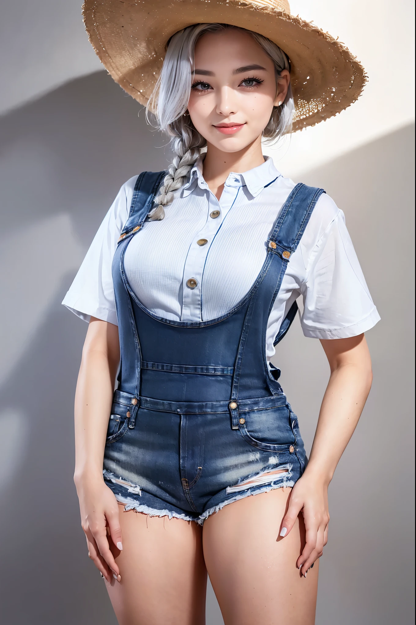 Realistic, masterpiece, highest quality, Highest Resolution, (1girl:1.3), 20-year-old, Sharp Eyes, Grinning smile, Slightly to the side, Definitely watching the audience, (Beautiful fine details, Iris, (Hidden eyelid wrinkles:1.2), Thin eyebrows, Draw eyelashes carefully, Natural Makeup, short hair, Braid, Silver Hair, Detailed face), (Straw hat, (Navy blue denim shorts overalls, (White buttoned shirt)),Photographing the upper body,Portraiture, (Gray blank background:1.3), Model pose