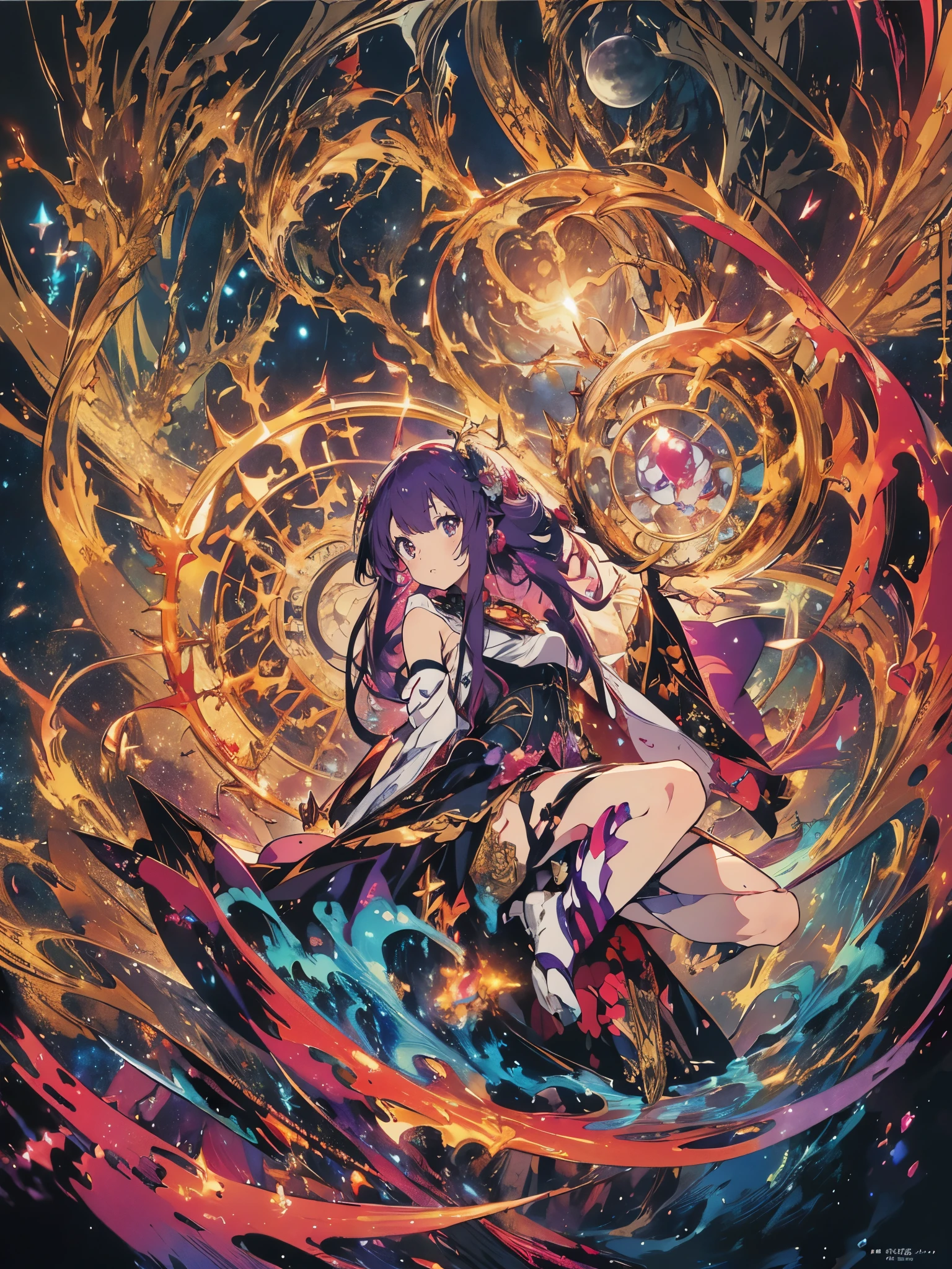 One girl, Beautiful and fine details, Long purple hair, Pale red eyes, Princess Dress, Glowing Skin, resolution, (Anime Style:1.6)High Contrast, ((Mastepiece, highest quality))Vast landscape photography, (View from below with views of the sky and wilderness below), Girl looking up, (full moon: 1.2), (shooting star: 0.9), (nebula: 1.3), Distant Mountain, Treebreak Production Art, (Warm light source: 1.2), (fire Fly: 1.2), Purple and Orange, Intricate details, Volumetric Lighting, Realism Break (Mastepiece: 1.2) (highest quality), 4k, Super detailed, (Dynamic Configuration: 1.4), Extremely detailed and colorful, (Iridescent colors: 1.2), (Brilliant lighting, Ambient lighting), dream-like, Magic, (alone: 1.5) Perfect Fingers