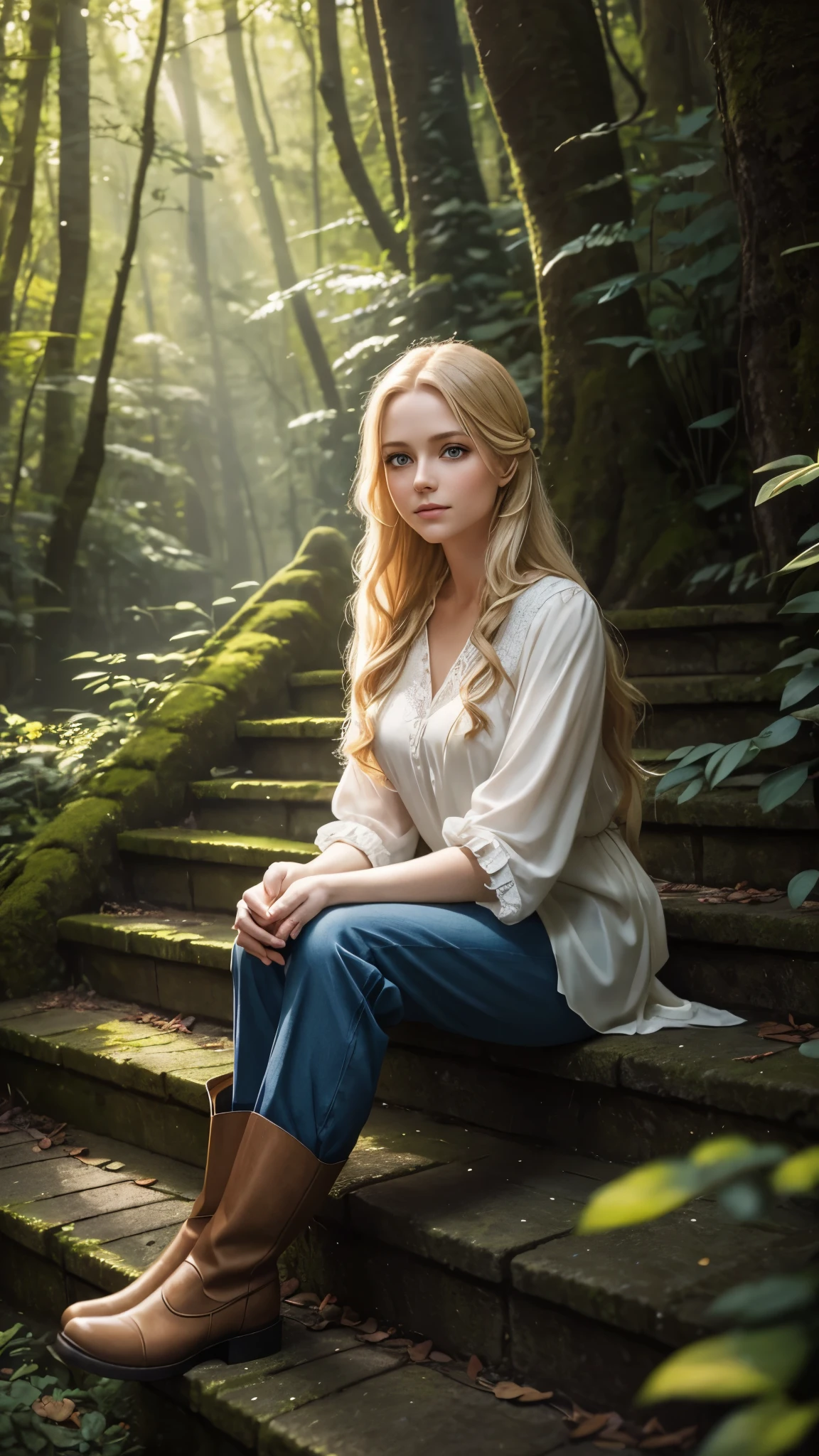 "A portrait of a young woman with long blonde hair and blue eyes, sitting gracefully in a lush, mystical forest. Sitting on the steps, she is wearing a simple designer blouse, work pants, and brown short boots. A soft, dreamy light shines through the trees, casting a gentle glow on her. Her expression is serene. The tall trees and soft, dappled light in the background create a dreamy, enchanting atmosphere."