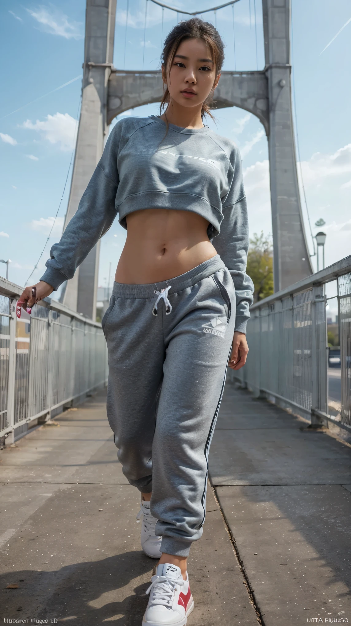 (best quality, masterpiece, photo realistic, very detailed, ultra high resolution, raw:1.3), 1 woman, korean, ), sweater , Jogger pants, jumper, (sneaker, beautiful bridge, whole body:1.2), main street, from below, Sportswear,