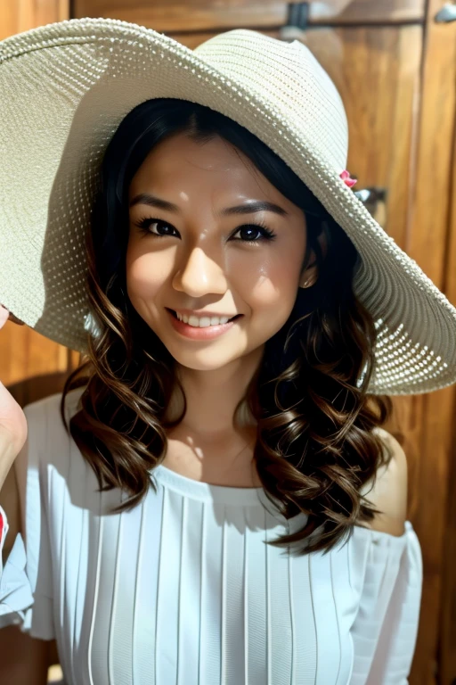 8k, RAW photo, best quality, masterpiece, realistic, photo-realistic, clear, professional lighting, beautiful face, best quality, ultra high res,
BREAK,a Asian woman wearing a hat and smiling for the camera with her hands on her head and her hair in the wind, girl, dau-al-set , a stock photo, Fan Qi