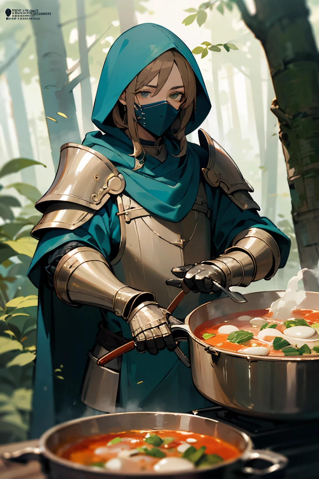 masterpiece, super high resolution, Male Bard with Green long hooded and metallic armor. light brown hair. Mask that covers only the mouth . Forearm-length gauntlets. cooking a stew ((detailed)). In the Woods. DND characters