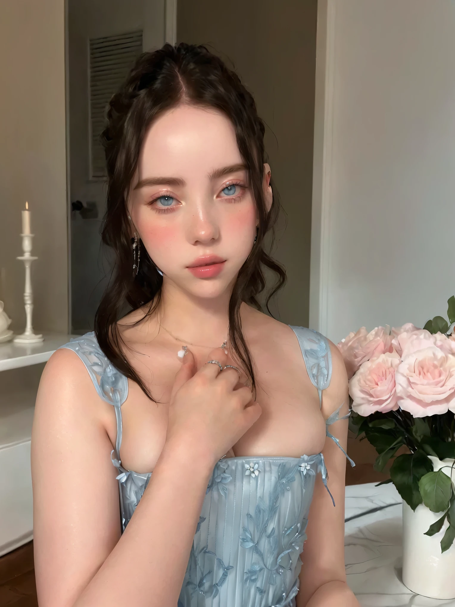 un primer plano de una mujer con un vestido azul posando para una foto, pale porcelain white skin, pale skin de porcelana, con pale skin, pale skin y brillante, pale skin, suave e impecable, pale ivory skin, pale skin y clara!!, pale skin suave natural, pale skin marfil, soft and pale skin, retrato suave 8 k, pale skin y clara, pale bluish skin