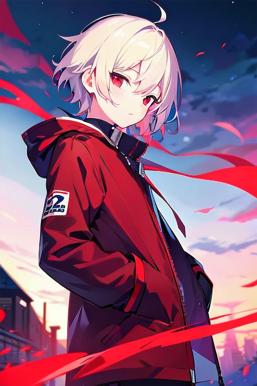 [( Cenematic BACKGROUND:1.5),::5], ((((masterpiece)))), high quality, ultra_very_high_resolution, large_filesize, full color, (((solo))), ((**********)), (((White short hair))), red eyes, anime, upper body, red light, black parka,