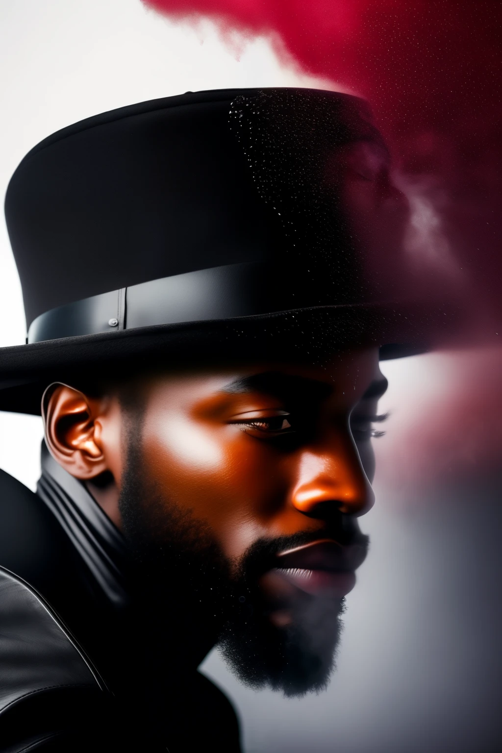 A mesmerizing close-up shot of a black man dressed in all black, with a brimmed hat covering half of his face, revealing only the mouth and nose. The hat is pulled down low, casting an enigmatic aura as a single spotlight illuminates him in the midst of pouring rain. Each raindrop shimmers in slow motion, creating a hauntingly beautiful scene. A backdrop of smoke fills the air, casting a dull red hue against the black backdrop, all skillfully rendered in ultra HD 32k quality using Unreal Engine. The image, rendered in hyper-realistic detail, captures the artgerm style of cinematic lighting, invoking
