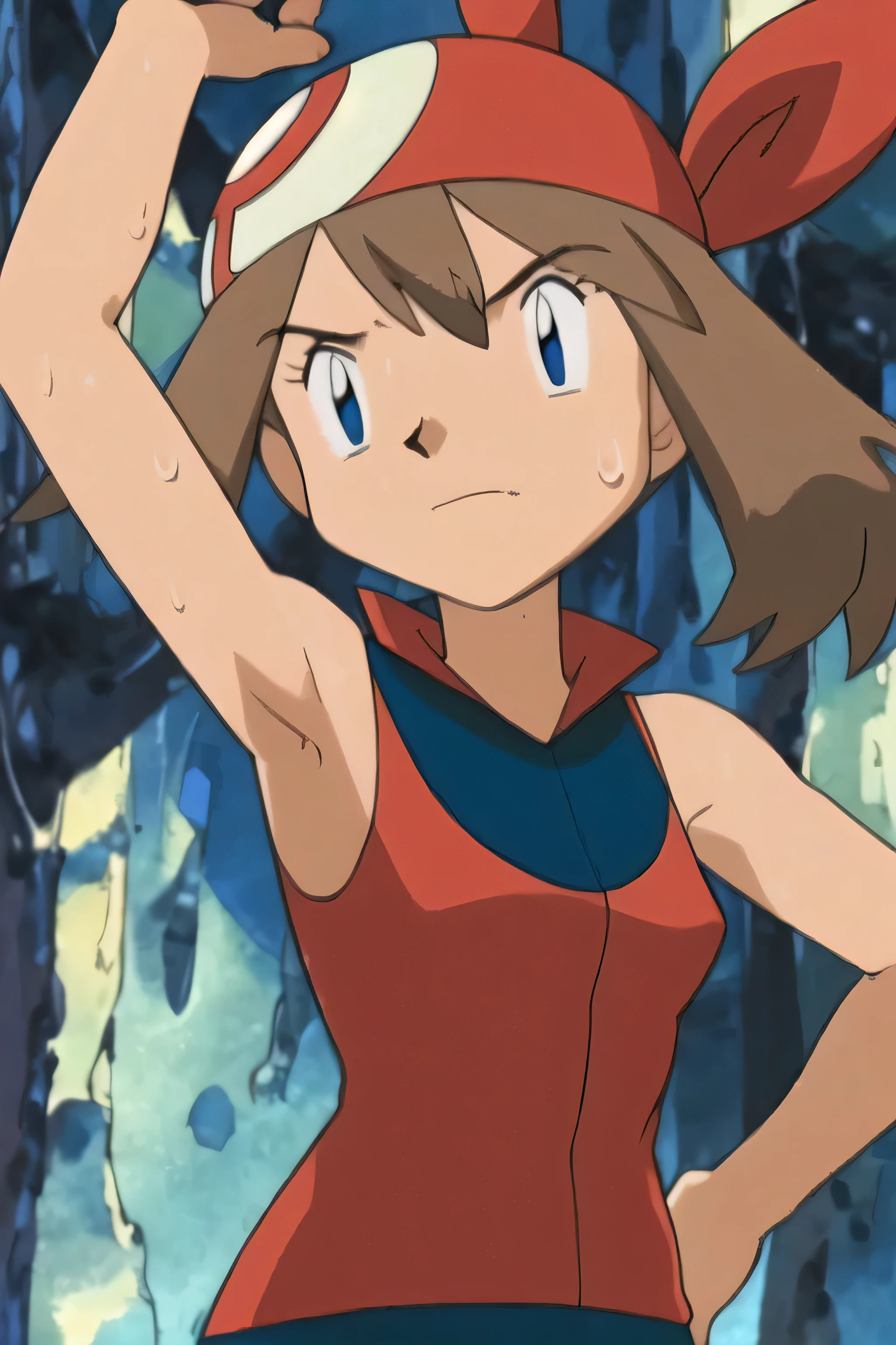 masterpiece, best quality, highres, outdoors, 1girl, solo, may (pokemon), bandana, red shirt, bare shoulders, high quality, masterpiece sleeveless,sweat,sweaty,sweaty armpits,showing armpits,arms raised, armpit,armpits,awesome armpits,tired,exhausted,sleeveless