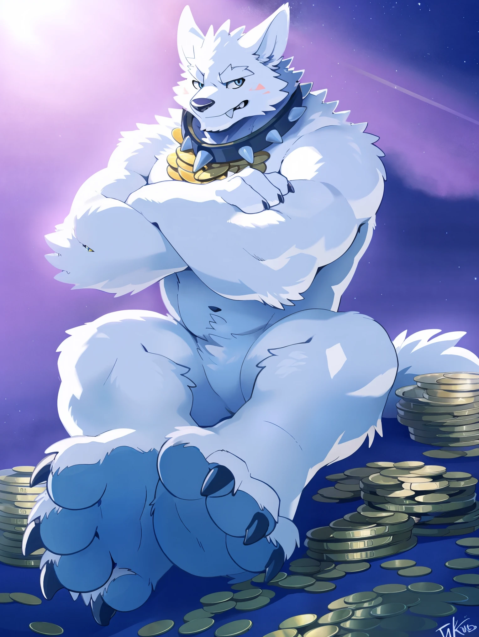 ((all white fur:1.5)), solo, Perfect sky blue eyes, Spike Collar, (artist:Takemoto Arashi), Mature face, elder, naughty face, glint, longeyelashes, (fang out:1.5), (Clear facial details), nude, Lying in a pile of gold coins, Surrounded by gold and jewelry, Thin and tall figure, excited, No clothes, tongue, Show the audience between the legs, Pink meat pads, Expose the anus, Cross your arms, Tonalism, best quality, UHD, super detail, high details