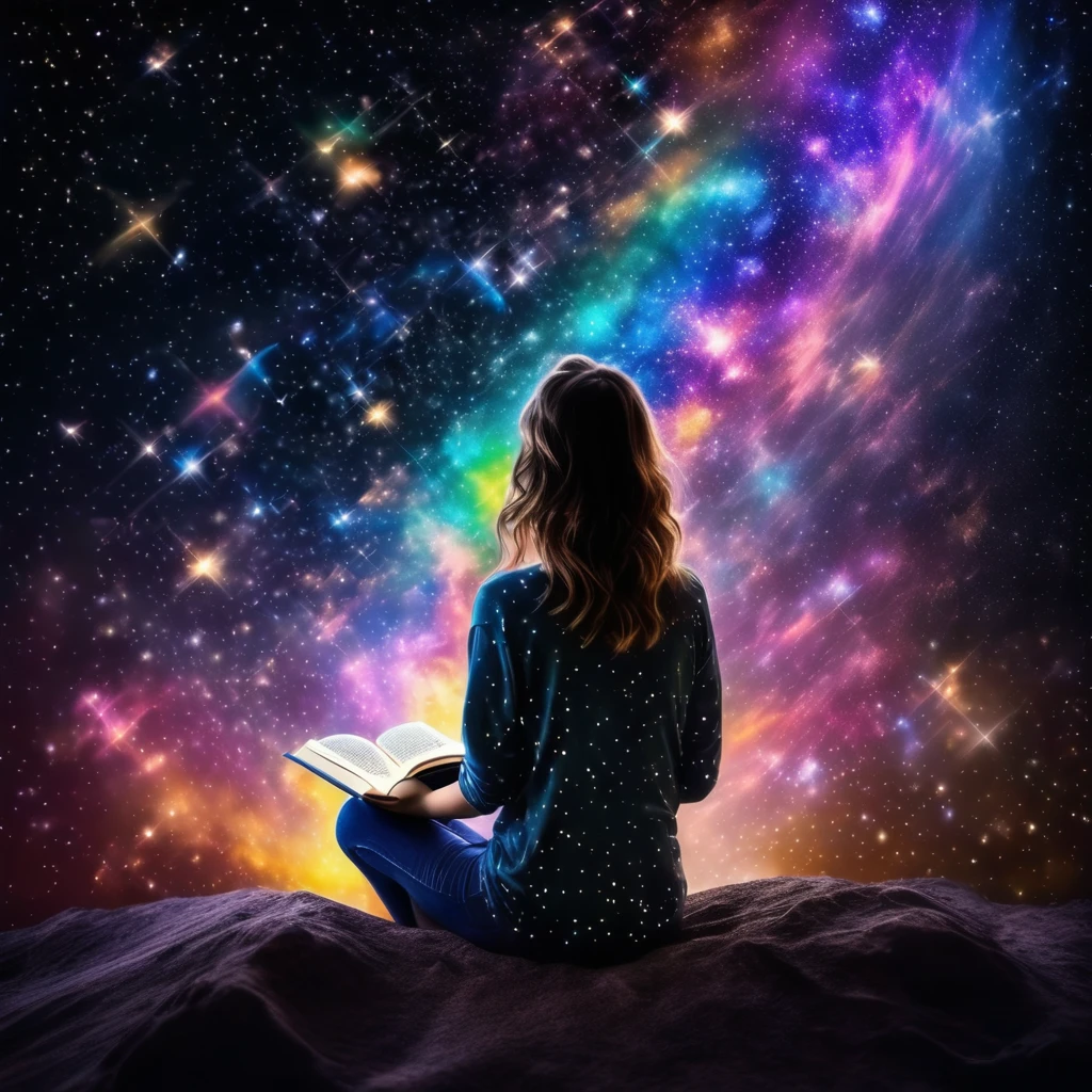 realistic photography of a topless woman sitting in the stars and reading a colored shining book, rainbow colored cosmic nebula sky background, stars, galaxies