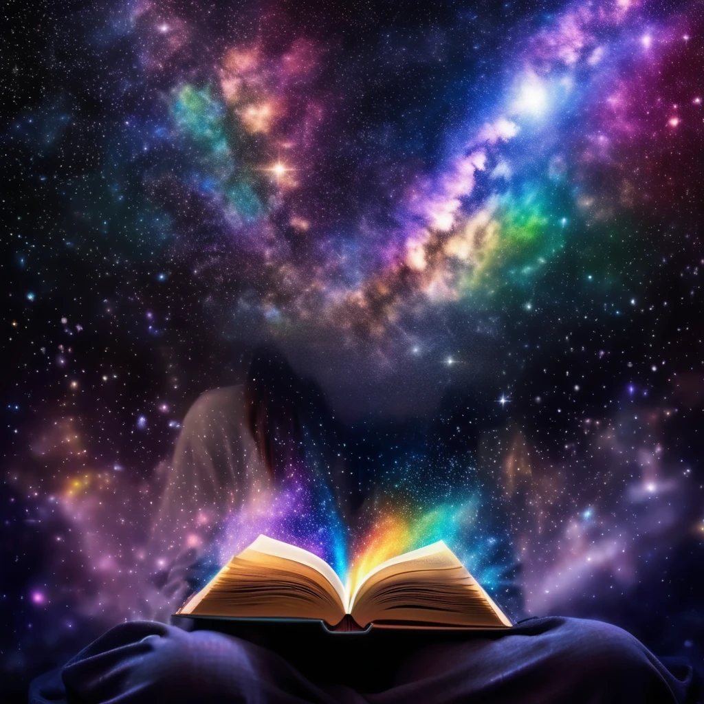 realistic photography of a topless woman sitting in the stars and reading a colored shining book, rainbow colored cosmic nebula sky background, stars, galaxies, high detailed, UHD