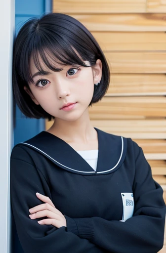 perfect detailed,masterpiece,photographic,8k photo,short hair,black hair,{thick eyeblows},Single,tsurime:1.2,japanese,female small hoobs,Sailor suit ,blue scart,Cross your arms,standing,evening,classroom