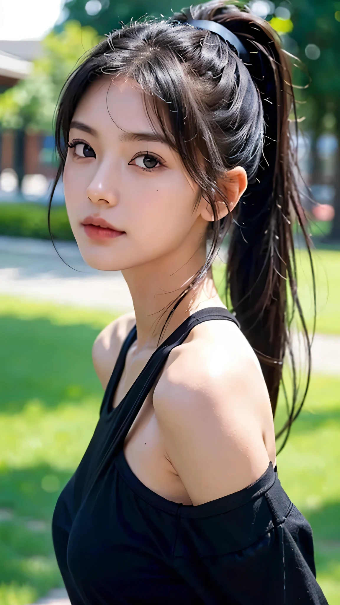 Black underwear shows through the T-shirts with wide neck openings,Bra straps are showing,jeans,outdoors,Urban Park,On the lawn,One woman,close up face,fully body photo,masutepiece, The highest image quality, High quality, the background is clear,Beautiful woman, Japanese, Detailed, Detailed eyes, Detailed skin, Beautiful skin, 超hight resolution, (reality: 1.4),Very beautiful woman, Slightly younger face, Beautiful skin, slender, (Ultra photo realsisim), (hight resolution), (8K), (Very detailed) (beautifully detailed eyes), (super detailed), (Detailed face), view the viewer, Fine details, Detailed face, Staring straight ahead, Staring straight ahead, photos realistic, Bright lighting, Professional Lighting, Black hair,poneyTail,a baby face,sixteen years old,Hairstyle: ponytail,Long ponytail hairstyle,slight smile,
