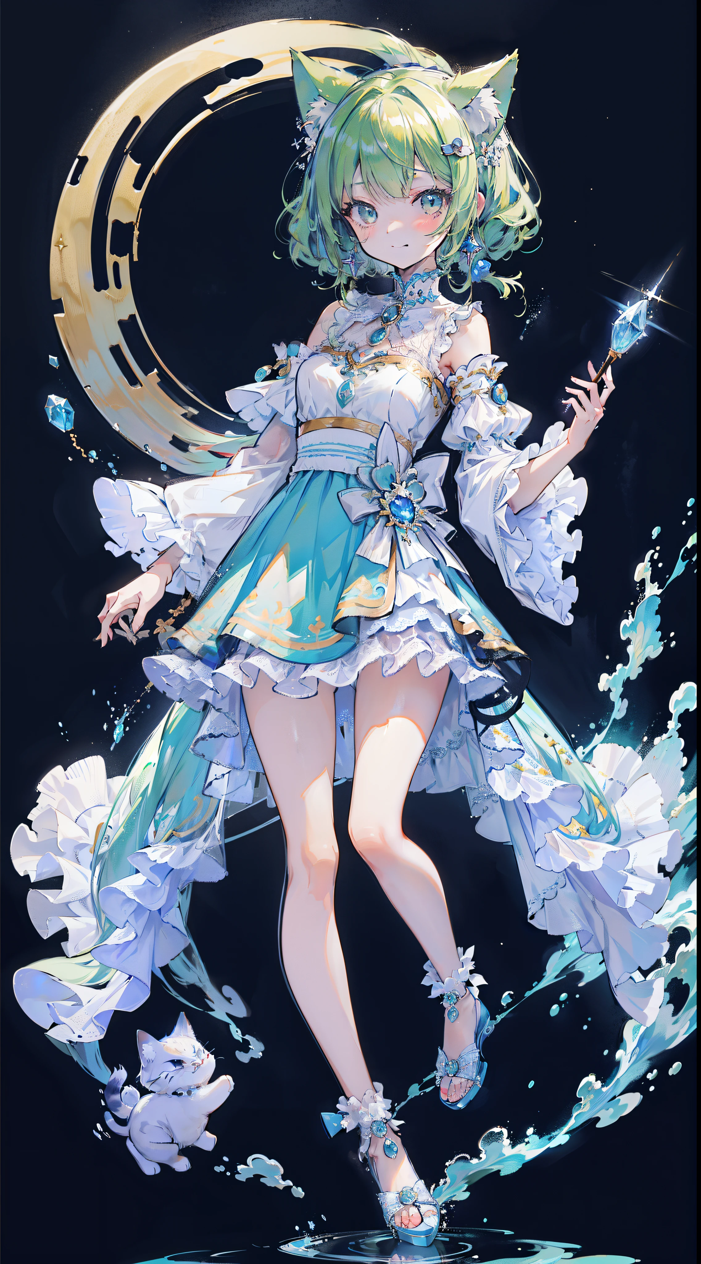 ((masutepiece, Best Quality:1.1))、8K、(Full body standing pose)、Beautiful girl with green hair，Curly，disheveled hair，Cat's ears, white dres，A deep blue gemstone is set on the chest.......，bare-legged，Wear a blue ankle ring on your ankle，(Holds the azure jewelry wand perfectly)，Behind him are stars in the night sky with shooting stars flowing，The moon is in the sky、With a smile