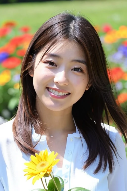 ((highest quality)), ((masterpiece)), (detailed), Perfect Face,Japanese women,Raise your right hand,Flower Field,smile,blue sky,White blouse