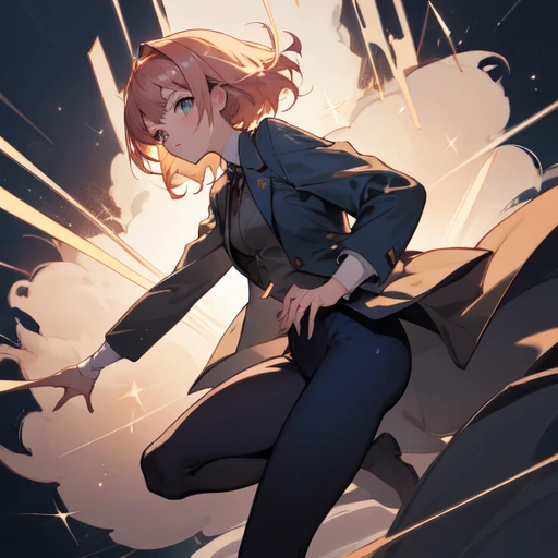 (absurdres), (perfect anatomy), (ingenious angle), (sparkle background), pastel colors, beautiful composition, RAW photo, extremely delicate and beautiful, aesthetic, 1 girl, medium hair, pink beige hair, navy blue suit, large size suit, oversized jacket, from side, dark blue background, emotional, fantastic, perfect composition, trending pixiv fanbox, clear eyes, anime hand drawn illustration, produced by anime painter studio,