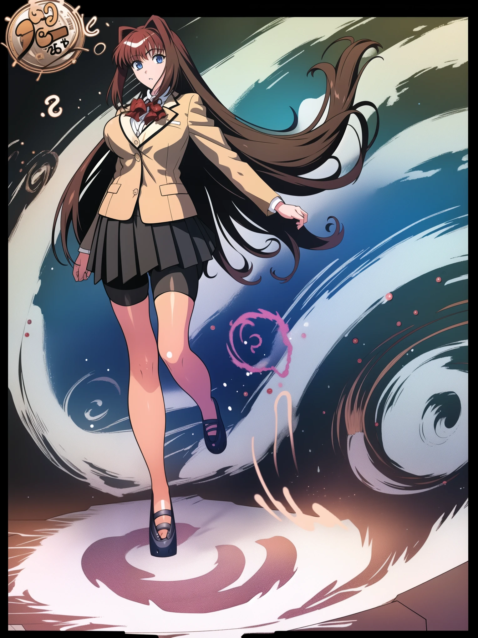 BREAK, (EMPTY BACKGROUND), BREAK (masterpiece:1.2), best quality, high resolution, 8k, illustration, (beautiful detailed eyes:1.6), extremely detailed face, extremely detailed body, CG, perfect hands, perfect anatomy, (((1girl))), ((solo)), ((((bbaoko))), (((2 legs max))), (((2 feet max:1.6))), ((swirling vortex shaped longest brown hair:1.5)), (brown longest hair with slightly reddish undertone:1.6), (lush luscious longest brown hair:1.6), (very long voluminous longest brown hair:1.5), serious, blue eyes, red bowtie, (Form-fitting beige blazer:1.5), brown jacket, (highly detailed beautiful face:1.2), (white shirt:1), (well shaped large breasts:1.6), (nice hips:1), (((Umber pleated thigh-high skirt:1.6))), (((black bike shorts:1.4))), (2 nice thighs:1.6), (black long socks 1.6), (strap shoes brown color), (facing front:1.5), ((standing straight:1.5)), ((Fullbody in frame:1.6)), ((Full body:1.5)), (takeuchi takashi:1.5)