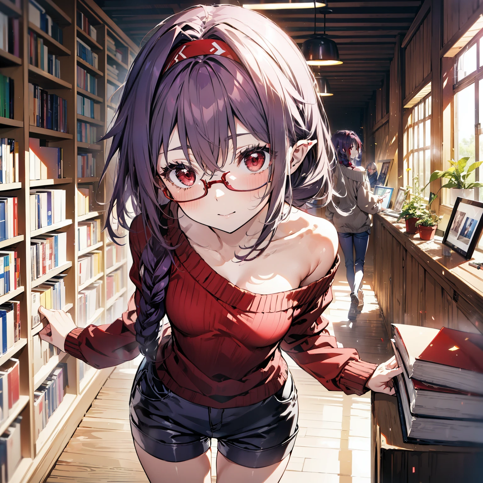 yuukikonno, Konno Yuuki, hair band, Long Hair, Pointed Ears, Purple Hair, (Red eyes:1.5), (Small breasts:1.2), Close your mouth,smile、,Long braids,Black-rimmed glasses,Oversized one-shoulder sweater,Shorts,short boots,Holding a book in both arms,
break looking at viewer, whole body,(Cowboy Shot:1. 5)
break indoors, figure書館,
break (masterpiece:1.2), highest quality, High resolution, unity 8k wallpaper, (figure:0.8), (Beautiful fine details:1.6), Highly detailed face, Perfect lighting, Highly detailed CG, (Perfect hands, Perfect Anatomy),