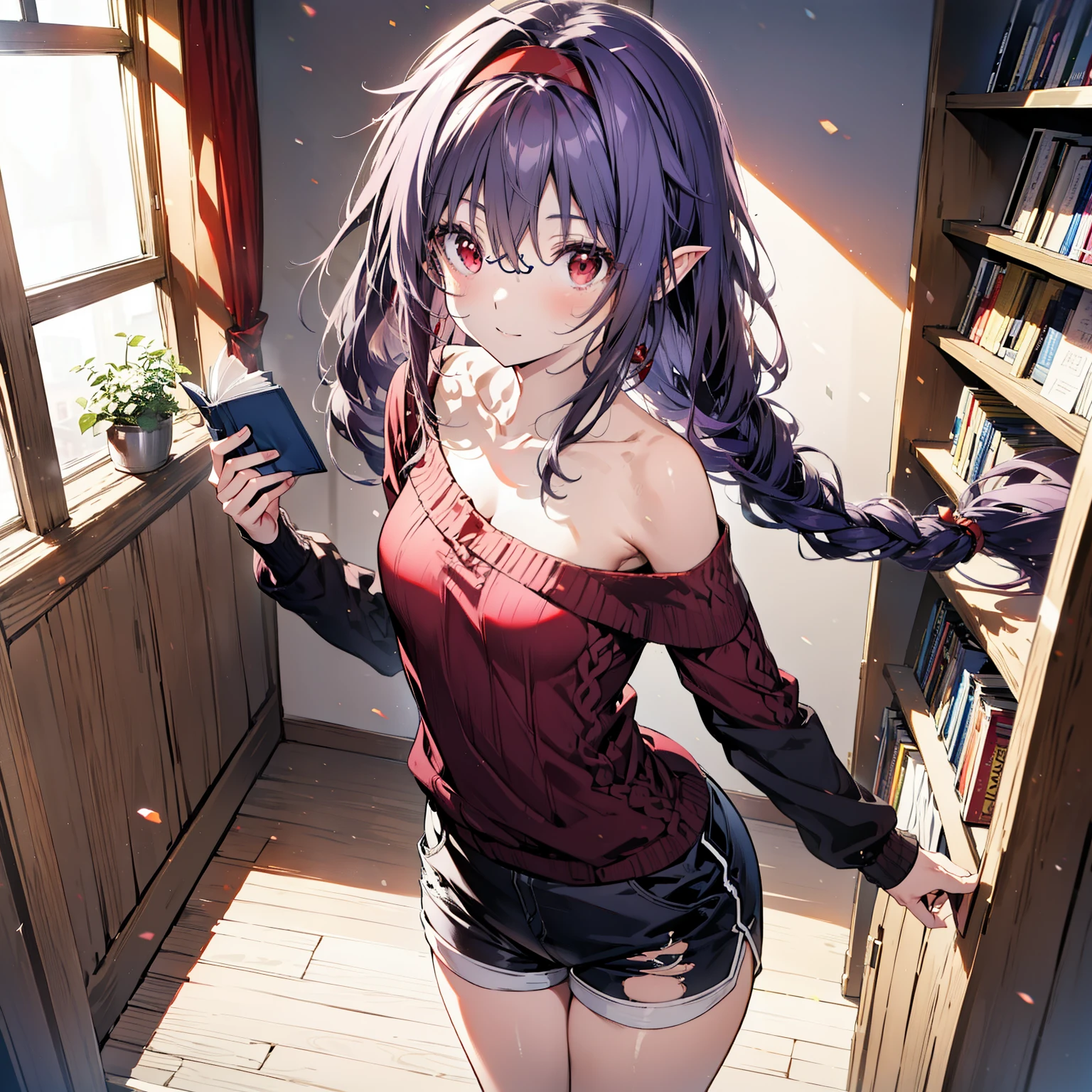 yuukikonno, Konno Yuuki, hair band, Long Hair, Pointed Ears, Purple Hair, (Red eyes:1.5), (Small breasts:1.2), Close your mouth,smile、,Long braids,Black-rimmed glasses,Oversized one-shoulder sweater,Shorts,short boots,Holding a book in both arms,
break looking at viewer, whole body,(Cowboy Shot:1. 5)
break indoors, figure書館,
break (masterpiece:1.2), highest quality, High resolution, unity 8k wallpaper, (figure:0.8), (Beautiful fine details:1.6), Highly detailed face, Perfect lighting, Highly detailed CG, (Perfect hands, Perfect Anatomy),