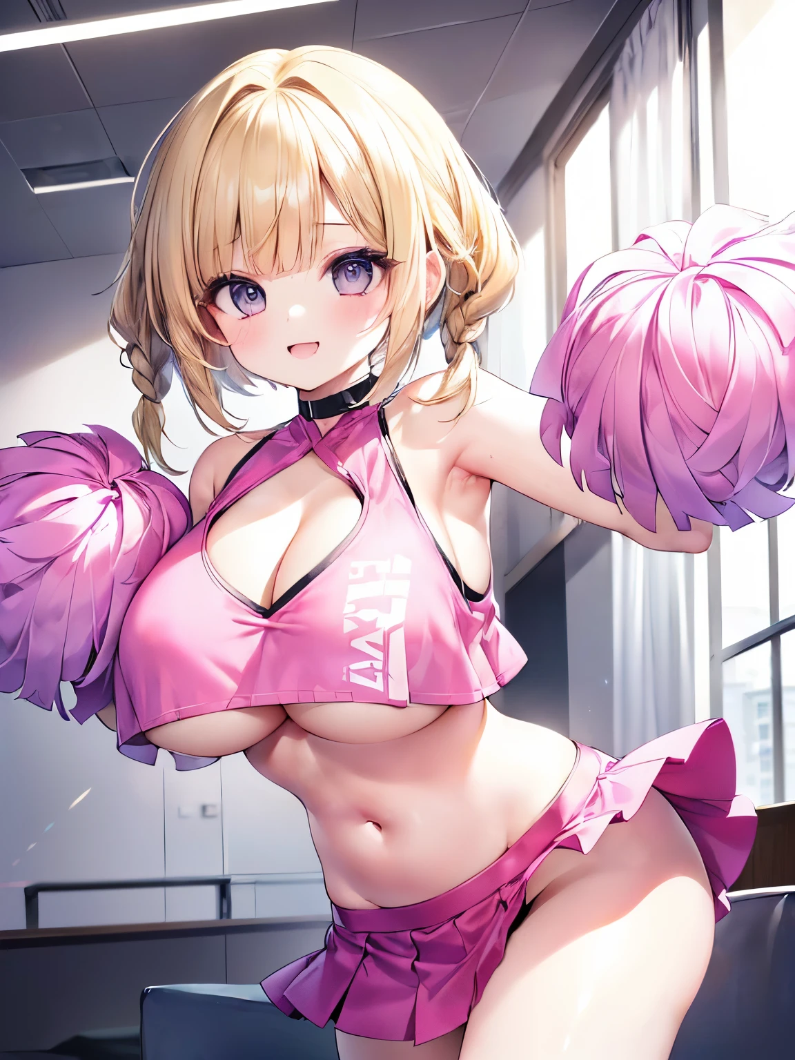 Masterpiece,Best Quality,(Super Detail),Perfect Lighting, Highly detailed CG,Super detailed,(Highly detailed eyes,Very cute face,Highly detailed face:1.3),Beautiful Anime Girl,(Solo Girl),(Super huge boobs:1.9),(Functional,Glamour,sexy:1.9),(Blonde,Medium Short Hair,twin braids,Let your hair hang forward:1.7),(Big light blue eyes),(Very happy smile,Open your mouth wide:1.5),break,(Cheerleader Costumes,Cleavage,Open-chested clothing,belly button,Groin,Pink micro mini skirt,Showing off panties:1.5),Stadium,Audience seats,(Stretch your hand up,Jump,Dynamic Pose,Angle from below:1.5)