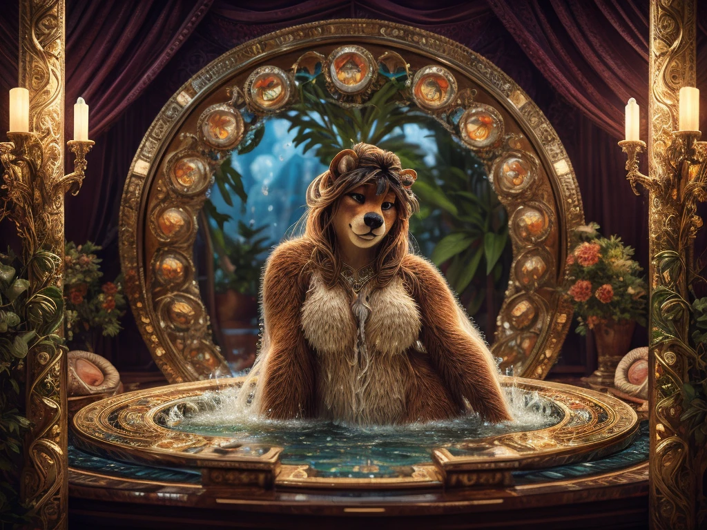 (Mucha style) , Pixel Art , Bokeh , naked Photo session advertisement , Hallucination, daydream , realistic hairy fur , messy female , in the luxury hotel , artistic porn pose , erotica , show off Private parts , can not stand it any longer, Squirting pee , Water droplets splashing , round face , moist round eyes , Swollen cheeks , hair ties