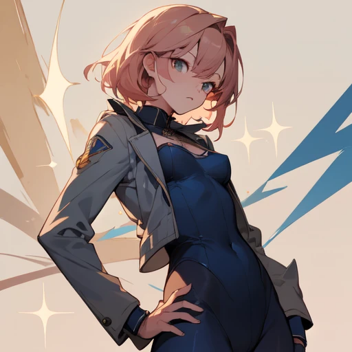 (absurdres), (perfect anatomy), (ingenious angle), (sparkle background), pastel colors, beautiful composition, RAW photo, extremely delicate and beautiful, aesthetic, 1 girl, medium hair, pink beige hair, navy blue suit, large size suit, oversized jacket, active posing, from side, dark blue background, emotional, fantastic, perfect composition, trending pixiv fanbox, clear eyes, anime hand drawn illustration, produced by anime painter studio,