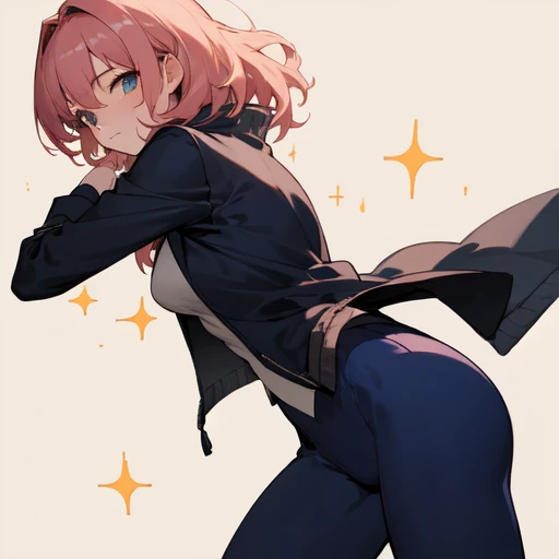 (absurdres), (perfect anatomy), (ingenious angle), (sparkle background), pastel colors, beautiful composition, RAW photo, extremely delicate and beautiful, aesthetic, 1 girl, medium hair, pink beige hair, navy blue suit, large size suit, oversized jacket, active posing, from side, dark blue background, emotional, fantastic, perfect composition, trending pixiv fanbox, clear eyes, anime hand drawn illustration, produced by anime painter studio,