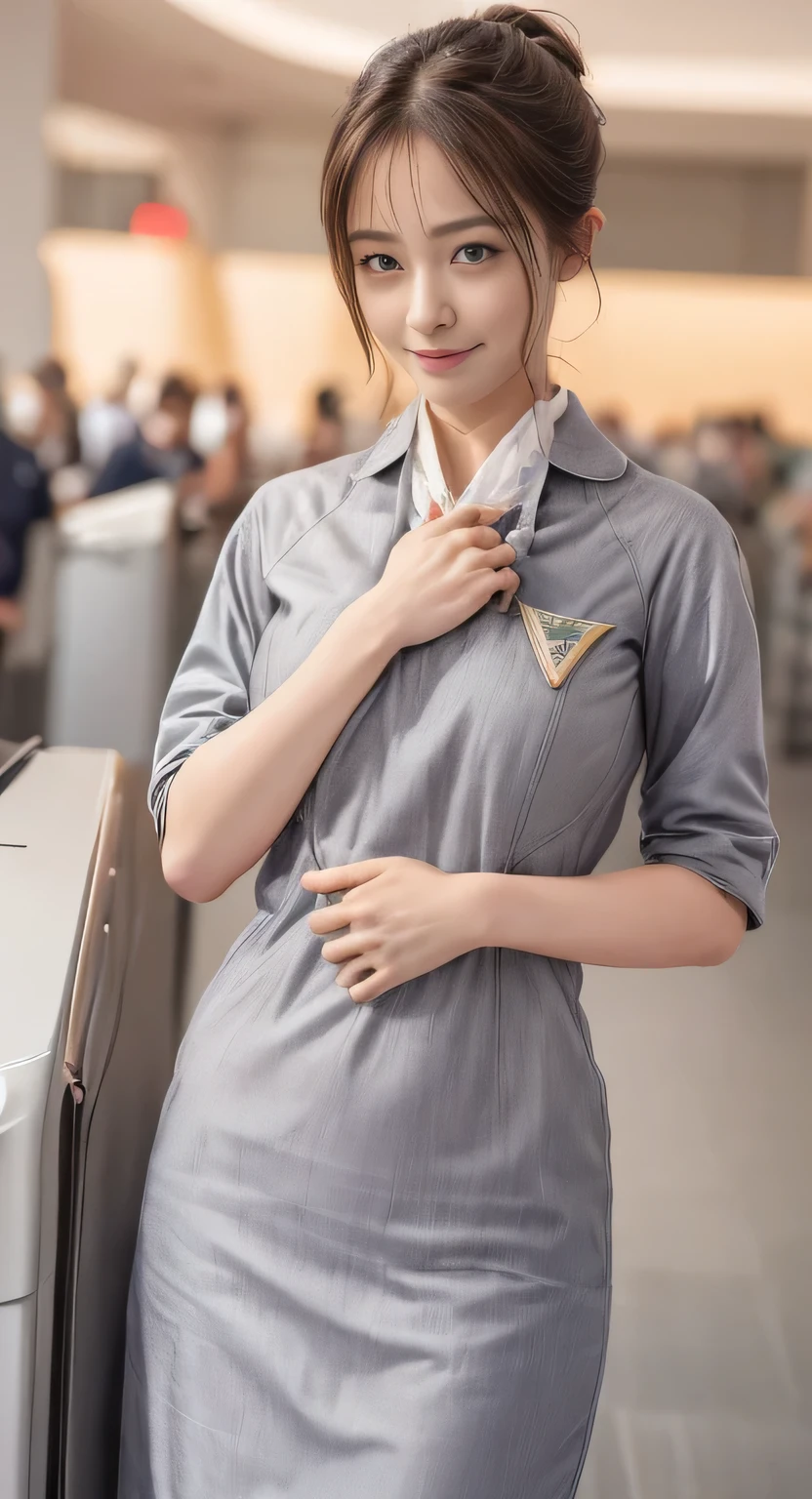 (masterpiece:1.2、highest quality:1.2)、32K HDR、High resolution、(alone、1 girl、Slim figure)、(Realistic style with Starlux Airlines uniform)、 (In the airport lounge, Professional Lighting)、Airport Lounge Background、A proper woman, Beautiful Face,、(Starlux Airlines silver uniform:1.4)、(Starlux Airlines silver uniform with short sleeves)、(scarf on chest)、Big Breasts、(Long Hair Up、Hair Bun)、Dark brown hair、Long Shot、((Great hands:2.0))、((Harmonious body proportions:1.5))、((Normal limbs:2.0))、((Normal finger:2.0))、((Delicate eyes:2.0))、((Normal eyes:2.0)))、Beautiful standing posture、smile,Place your hands around your stomach