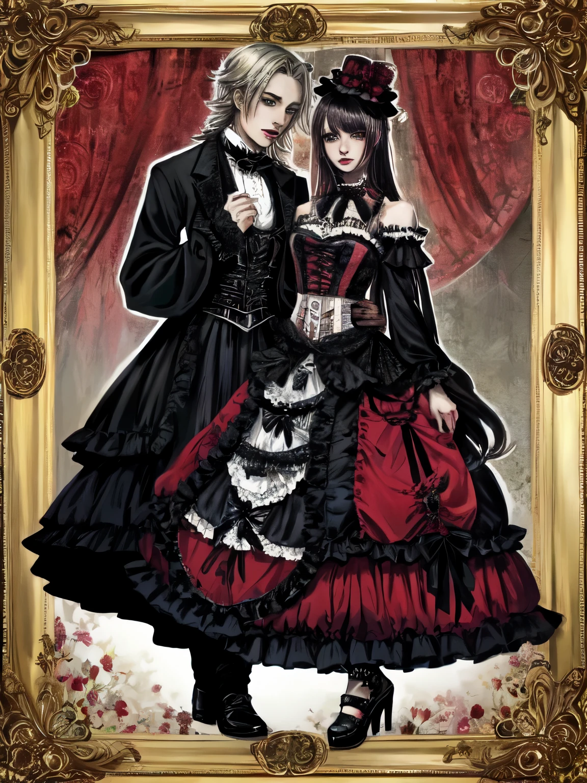 The female figure, dons an intricate visual kei gothic ta ensemble,gothic makeup, a striking blend of elegance and rebellion. His outfit features a decadent mix of lace, corsets, and elaborate accessories, A Victorian-inspired top hat crowns his head, adorned with ornate embellishments. Dark, flowing locks cascade over his shoulders, adding a touch of mystery. Heavy eyeliner accentuates his eyes, completing the avant-garde look. This famale embodiment of visual kei gothic lolixudes an aura of theatrical decadence, challenging traditional fashion norms with a captivating androgynous charm.,abmbeautifulgorl,goth person