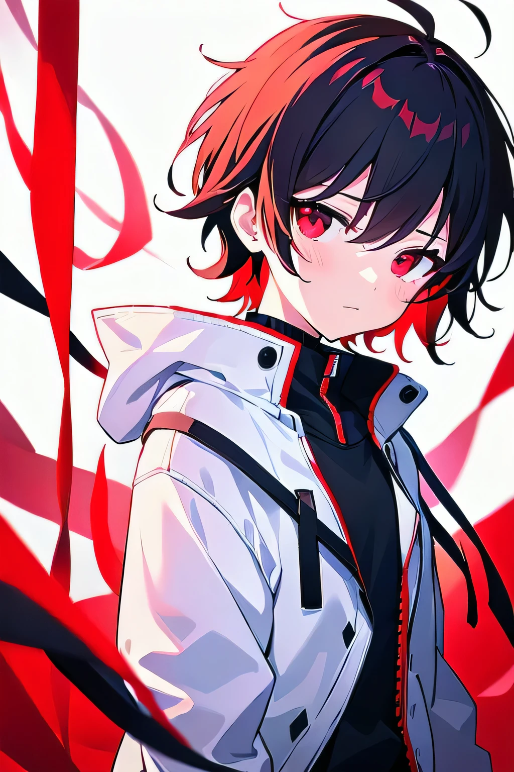 [( Cenematic BACKGROUND:1.5),::5], ((((masterpiece)))), high quality, ultra_very_high_resolution, large_filesize, full color, (((solo))), (()), (((White short hair))), red eyes, anime, upper body, red light, black parka,