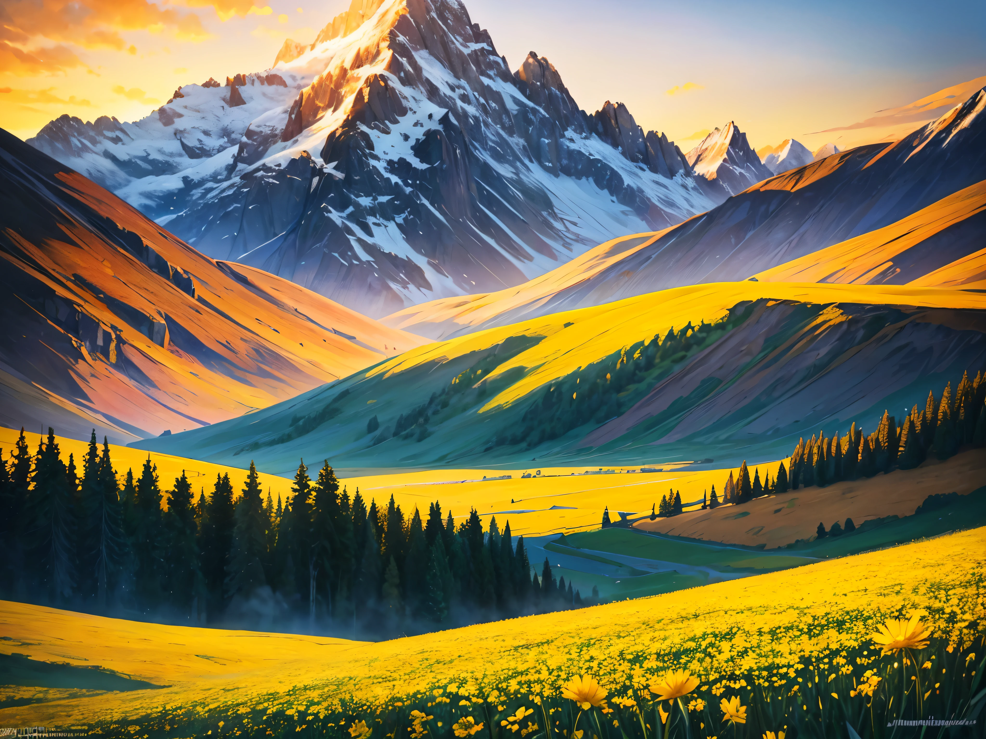 a close up of a field of flowers with a mountain in the background, stunning nature in background, warm beautiful scene, beatiful mountain background, natural landscape beauty, majestic nature scenery, heavenly landscape, yellow radiant magic, really beautiful nature, yellow mist, very beautiful photo, nature wallpaper, breathtaking landscape, golden morning light, beautiful wallpaper, yellow sky, golden rays of sunlight