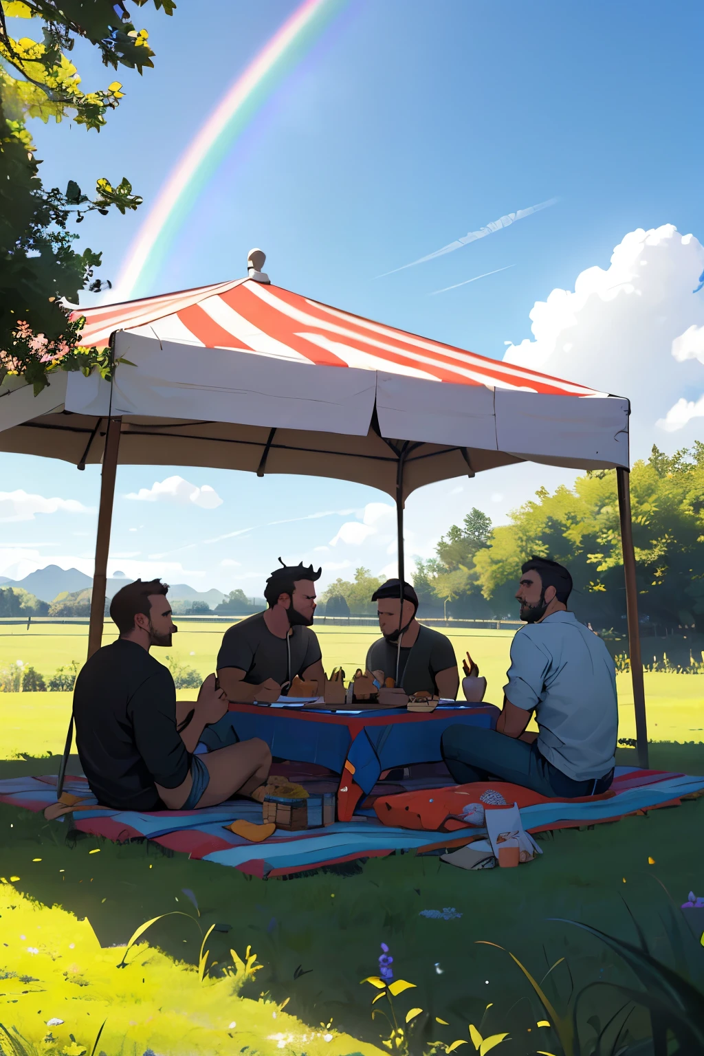hombres en un grupo realizando un picnic en el campo con banderas de arcoiris