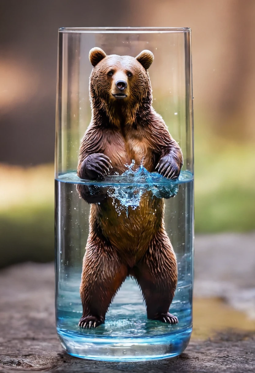 Masterpiece, best quality, small glass body in a person's hand, the body has water and a small bear inside, best quality, high details, 4k,