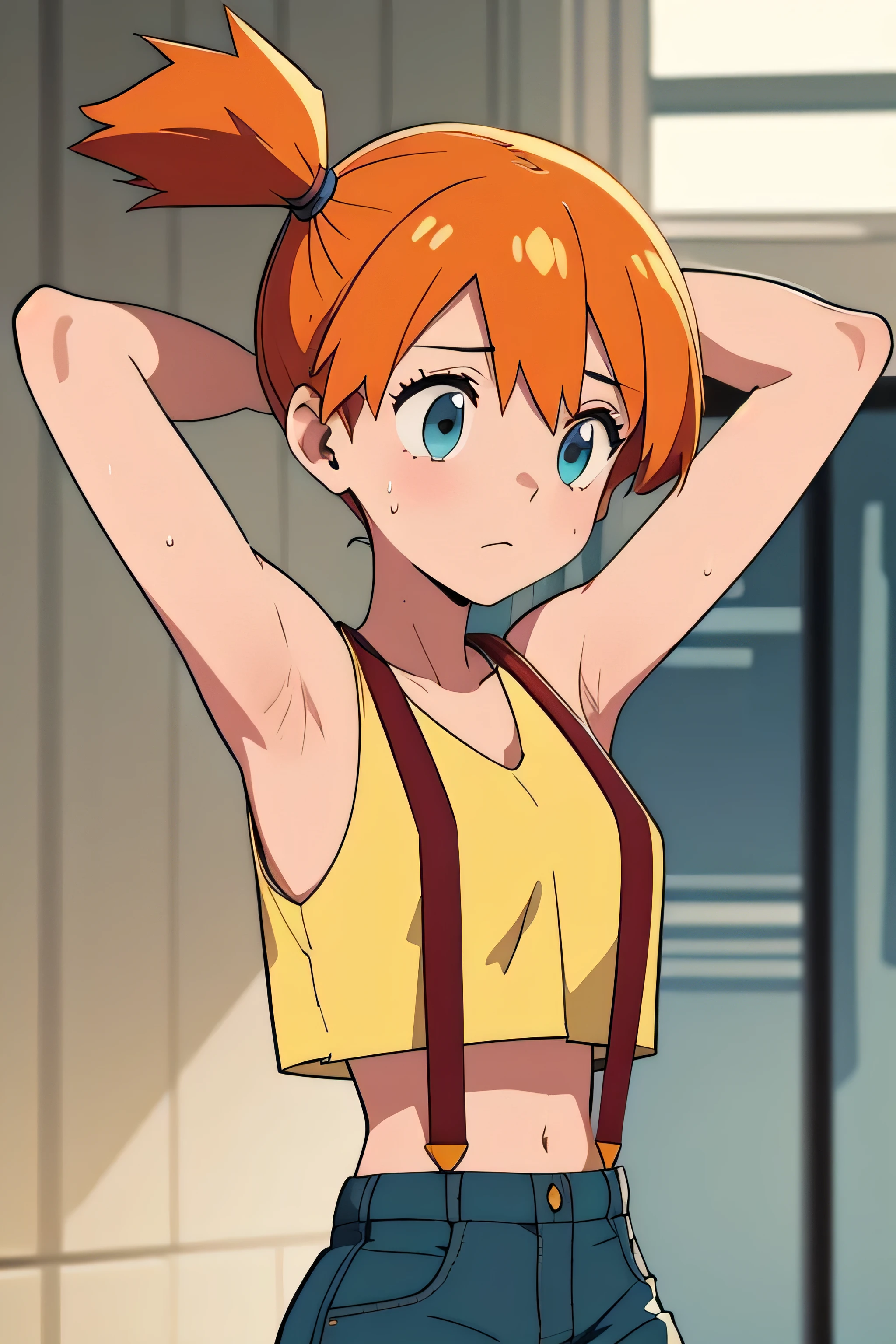 (masterpiece, best quality), 1girl, pkmnmisty, 1girl, solo, blue eyes, orange hair, short hair, side ponytail, bangs, hair tie,, yellow shirt, crop top, sleeveless, suspenders, short shorts,high quality, masterpiece sleeveless,sweat,sweaty,sweaty armpits,showing armpits,arms raised, armpit,armpits,awesome armpits,tired,exhausted