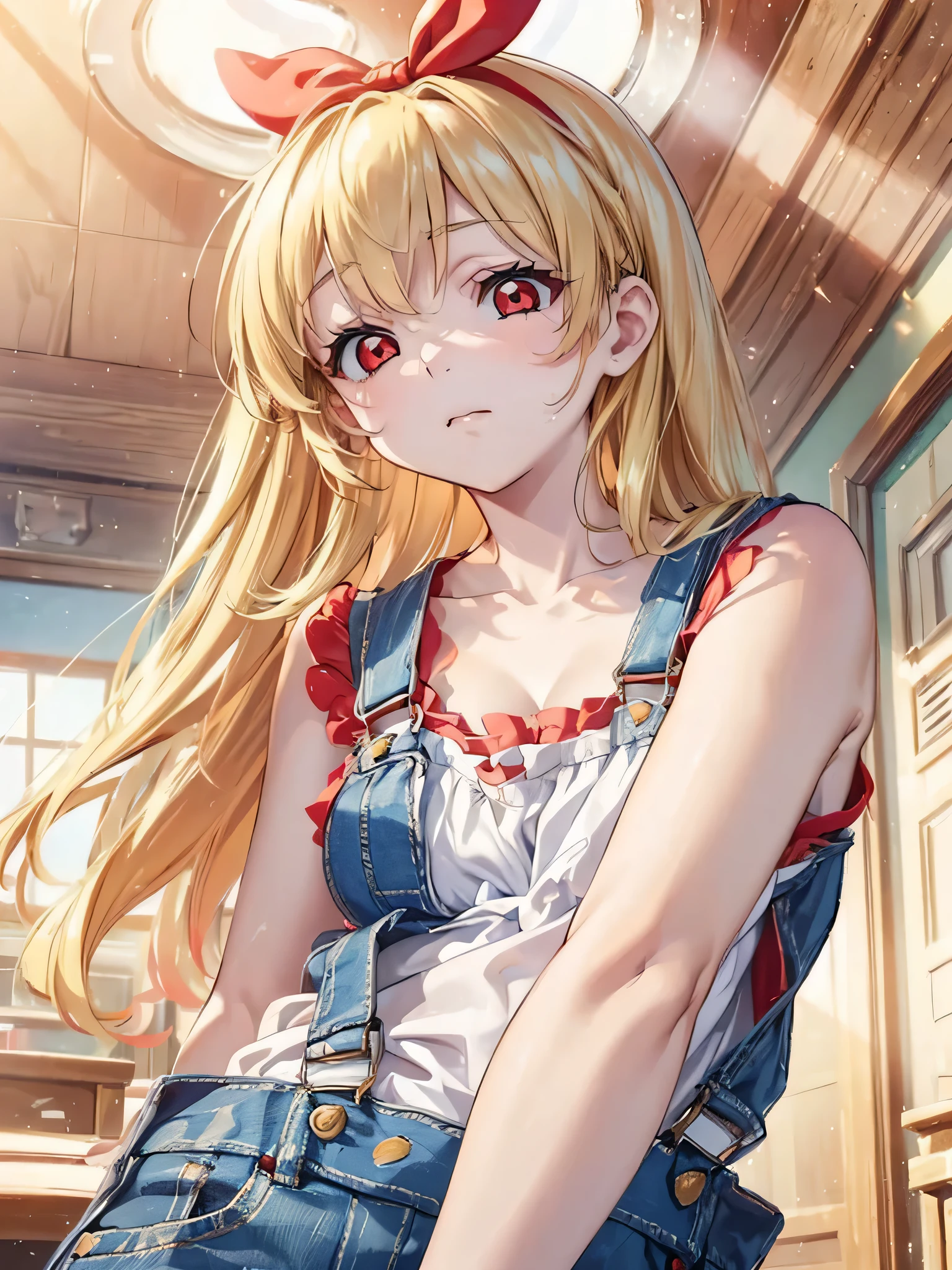 RED_Ribbon_on_HAIR_band,warm light, from below, upper body, ((cute girl, baby face, slender, Blonde hair, red eyes)), cleavage, collarbone, large breast, naked_overalls, no expression, half closed eyes, hands between legs