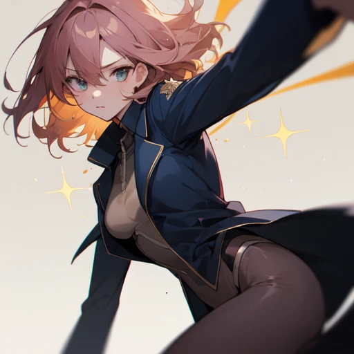 (absurdres), (perfect anatomy), (ingenious angle), (sparkle background), pastel colors, beautiful composition, RAW photo, extremely delicate and beautiful, aesthetic, 1 girl, medium hair, pink beige hair, navy blue suit, large size suit, oversized jacket, active posing, from side, dark blue background, emotional, fantastic, perfect composition, trending pixiv fanbox, clear eyes, anime hand drawn illustration, produced by anime painter studio,
