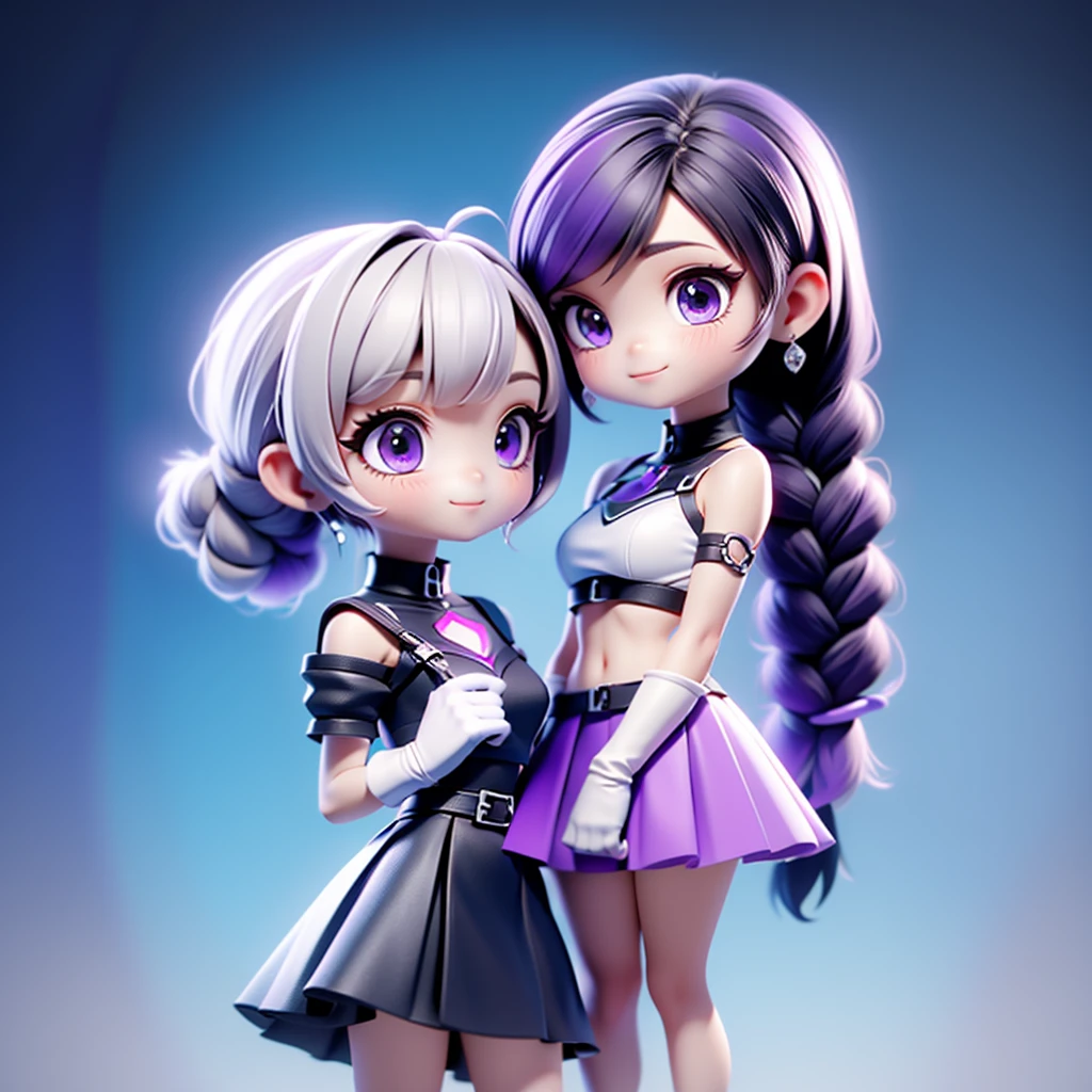 1boy、1girl、ちび男女のCouple3D Figure、cute、3D Figure、青と白の髪色のショートヘアのサイバーパンクのboy、ちびboy(Masterpiece、highest quality、Official Art、The best composition、CG、16K、Super detailed、Detailed eyes、Golden Ratio)、Couple(1boy,1girl)、girl(Purple eyes、Her hair is a milky white and purple gradient.、Double braid、Black and white diamond-shaped hair ornaments on both sides、Clothing Features(elbow gloves, bangs,bare shoulders, black skirt, dress, smile, side cutout,covered navel, side cutout,cryptic girl)、boy(Blue Cyberpunk)、c0upl3