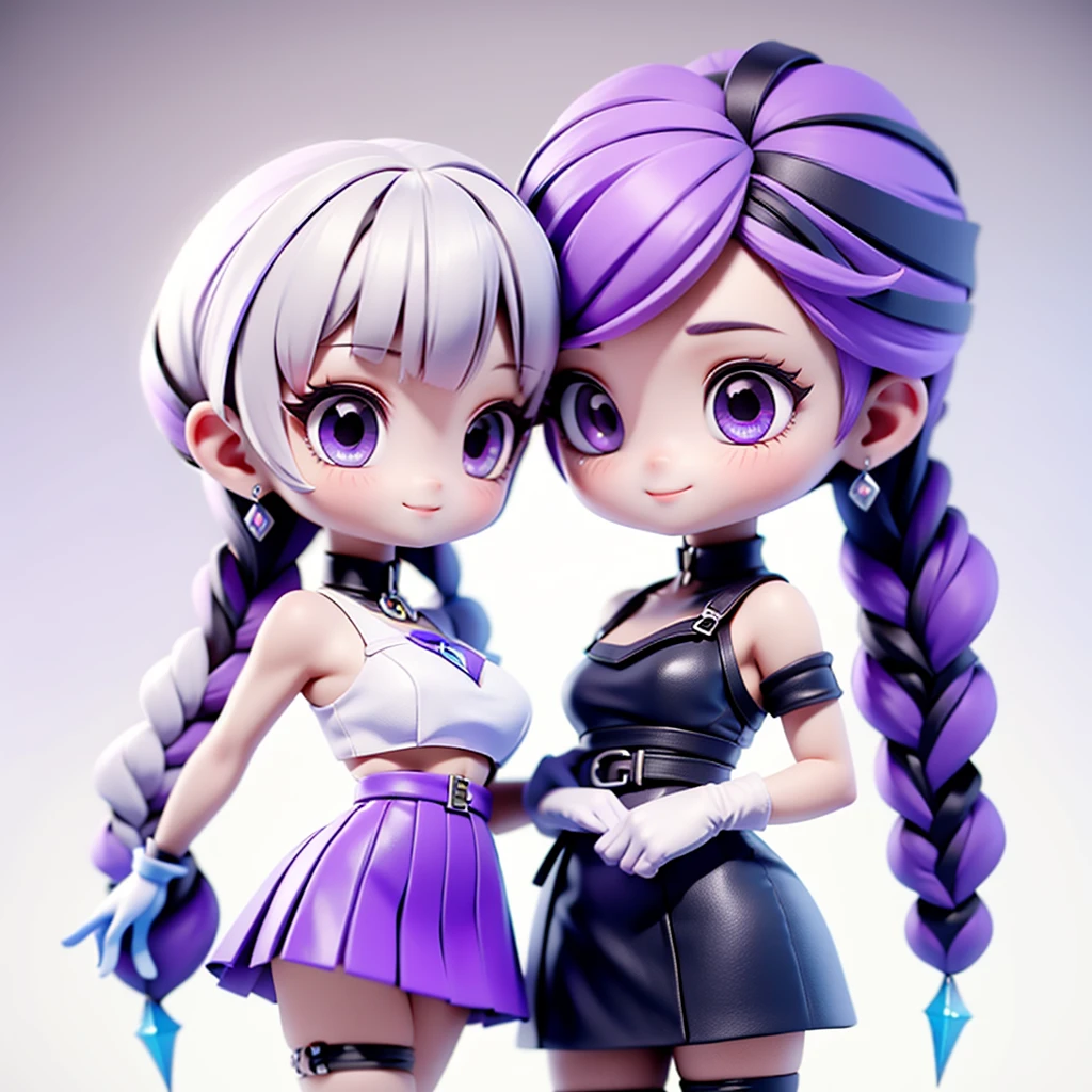 1boy、1girl、ちび男女のCouple3D Figure、cute、3D Figure、青と白の髪色のショートヘアのサイバーパンクのboy、ちびboy(Masterpiece、highest quality、Official Art、The best composition、CG、16K、Super detailed、Detailed eyes、Golden Ratio)、Couple(1boy,1girl)、girl(Purple eyes、Her hair is a milky white and purple gradient.、Double braid、Black and white diamond-shaped hair ornaments on both sides、Clothing Features(elbow gloves, bangs,bare shoulders, black skirt, dress, smile, side cutout,covered navel, side cutout,cryptic girl)、boy(Blue Cyberpunk)、c0upl3