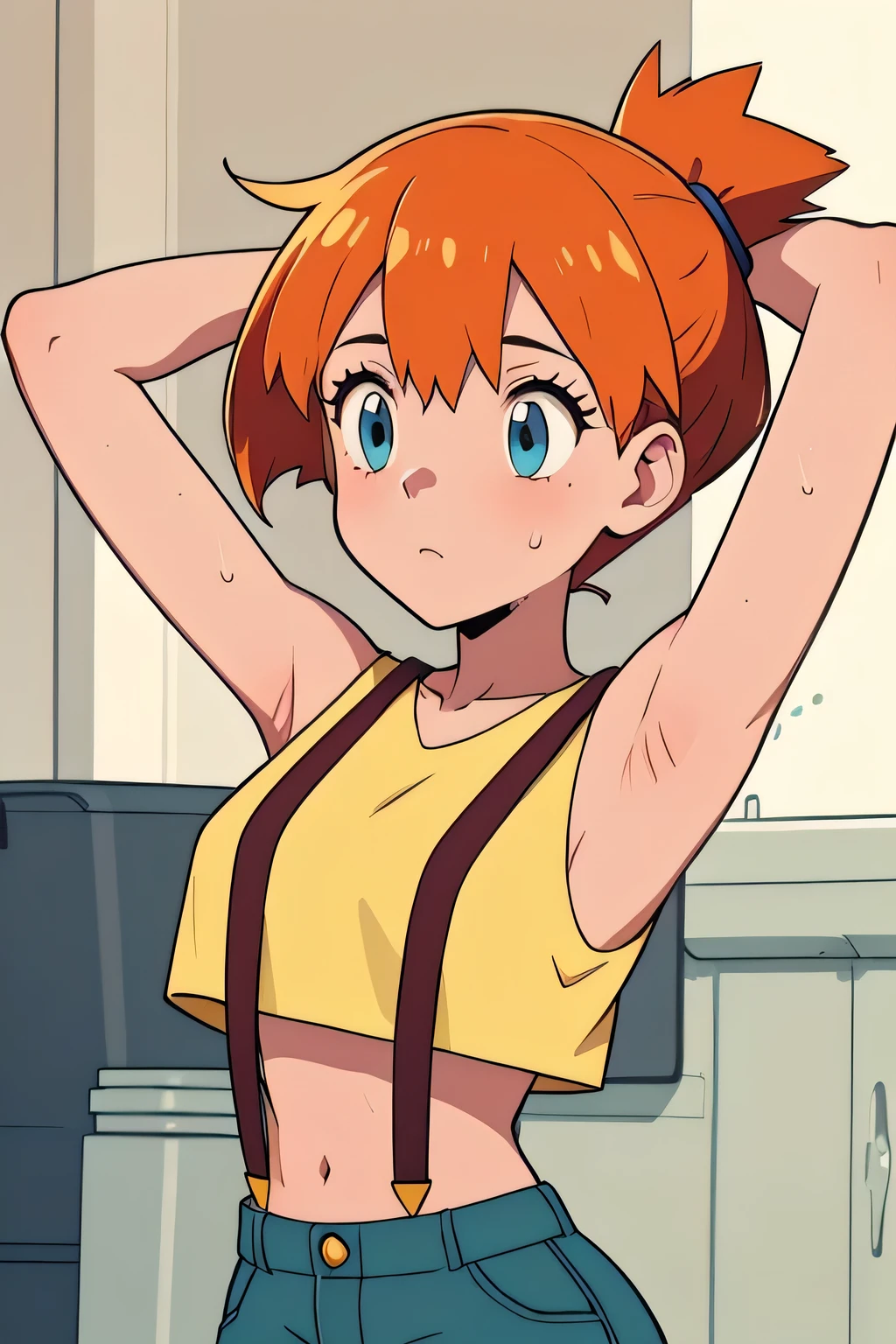 (masterpiece, best quality), 1girl, pkmnmisty, 1girl, solo, blue eyes, orange hair, short hair, side ponytail, bangs, hair tie,, yellow shirt, crop top, sleeveless, suspenders, short shorts,high quality, masterpiece sleeveless,sweat,sweaty,sweaty armpits,showing armpits,arms raised, armpit,armpits,awesome armpits,tired,exhausted