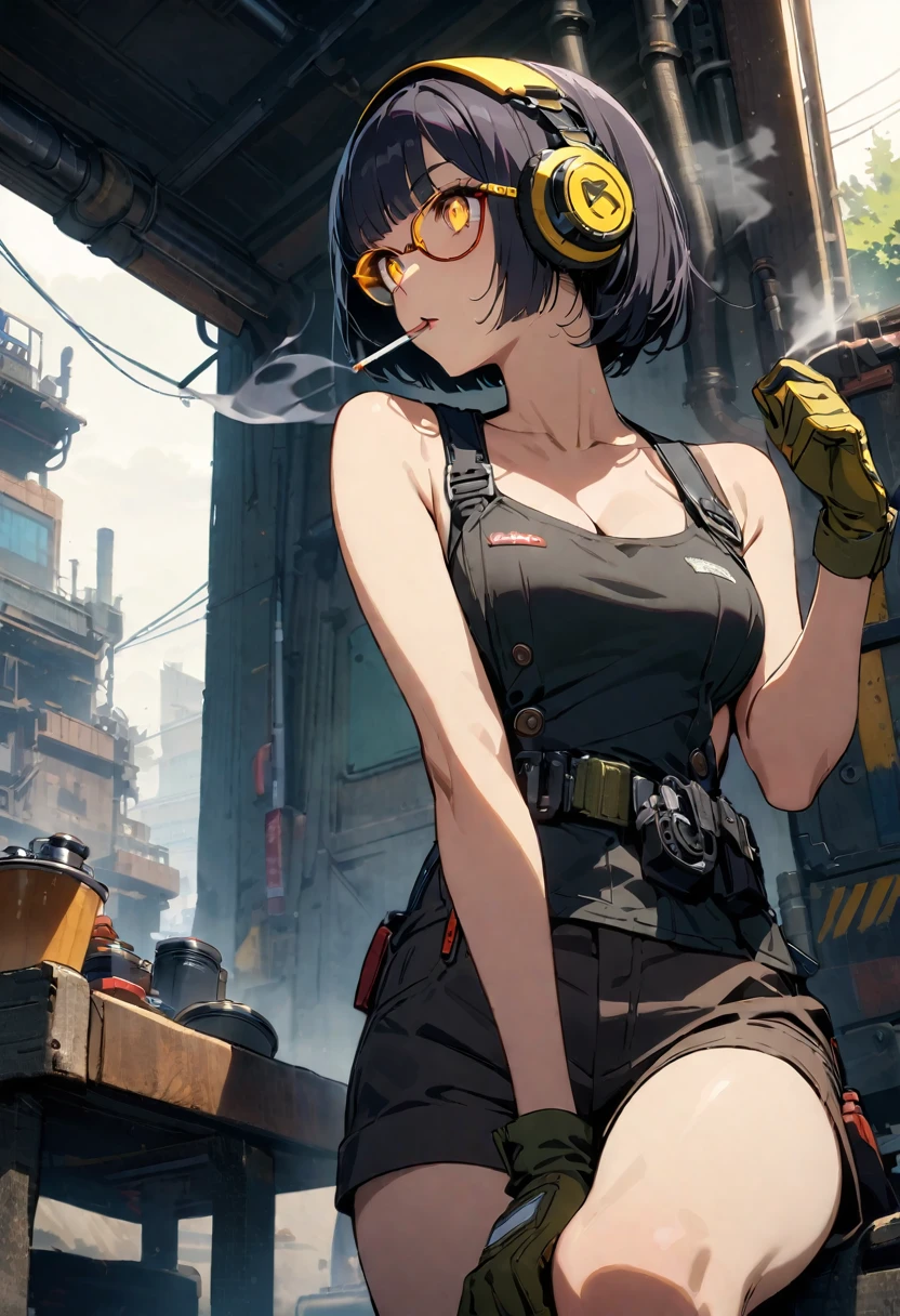 elegant, 1girl, ((yellow glasses:1.3)), bowl cut hair, black hair, yellow headphones, smoking, cigarette, smoke, BREAK detailed yellow eyes, star-shaped pupils (eyes highlight), Medium breasts, cleavage, bare arms, sleeveless, bare legs, work clothes, tube top, glove, garage, dieselpunk, BREAK masterpiece, best quality, high quality, highres, official art, extremely detailed, ultra detailed, absurdres, very aesthetic