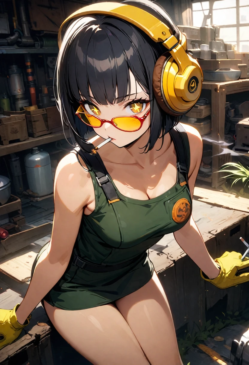 elegant, 1girl, ((yellow glasses:1.3)), bowl cut hair, black hair, yellow headphones, smoking, cigarette, smoke, BREAK detailed yellow eyes, star-shaped pupils (eyes highlight), Medium breasts, cleavage, bare arms, sleeveless, bare legs, work clothes, tube top, glove, garage, dieselpunk, BREAK masterpiece, best quality, high quality, highres, official art, extremely detailed, ultra detailed, absurdres, very aesthetic