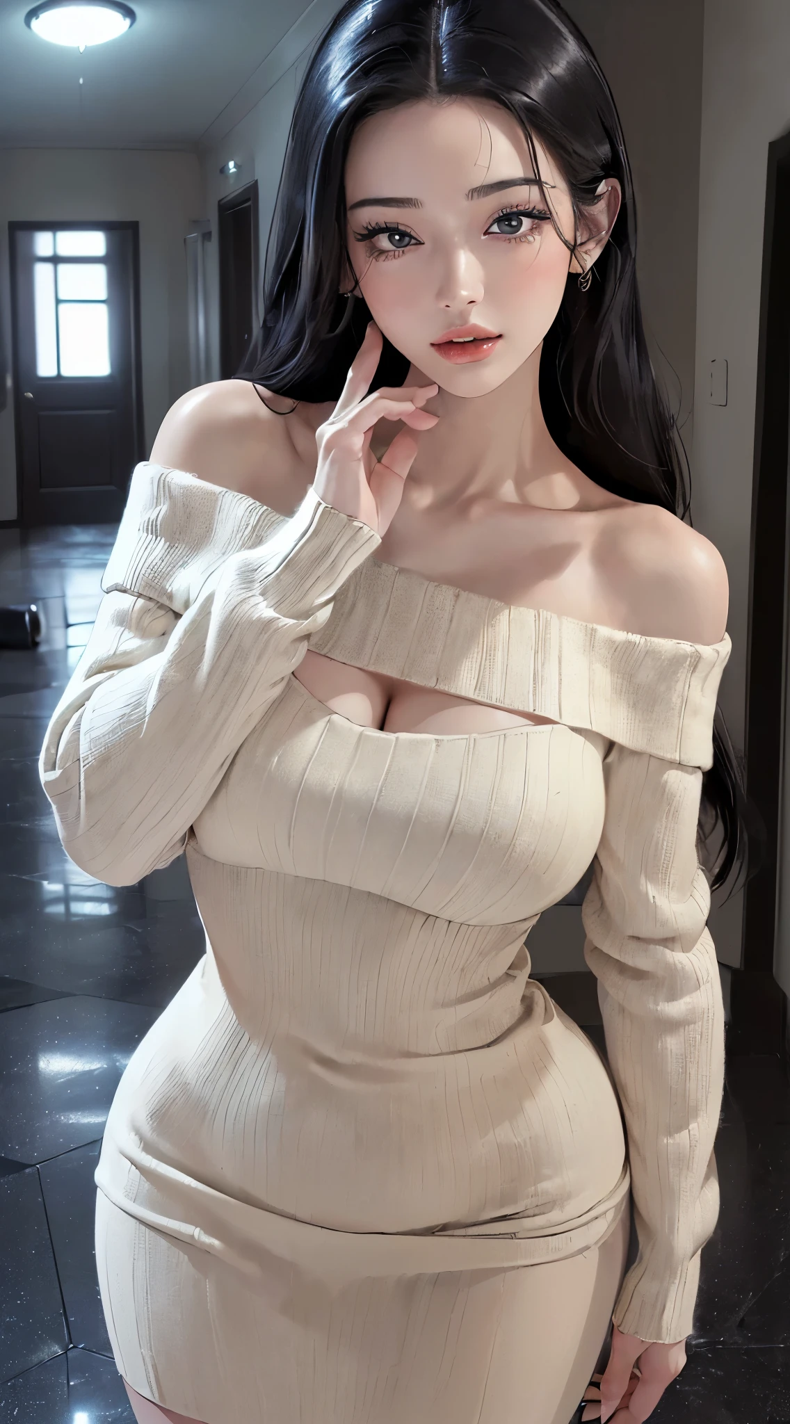 (((Highly detailed CG unit 8k wallpaper:1.2, masterpiece、masterpiece, High resolution:1.2, highest quality:1.2, Tabletop))), ((Very beautiful woman, Off Shoulder Knit Sweater Dress:1.3、 Beautiful body line:1.6)), ((Highly detailed face, Highly detailed black eyes, Highly detailed body, highest qualityのリアルテクスチャースキン)), (Black-haired:1.2, Long-haired person, White skin, Open your mouth、Blowjob gestures:1.5, Bewitching Smile、Glossy oil skin), ((As if peering into a screen、Apartment hallway:1.2)), (Outdoor、Corridor outside the apartment、Dim lighting:1.5, night:1.5, High Angle:1.3, close, Fisheye Lens:1.5),Surreal, Digital Paint, (Super big boobs、Big cleavage), 