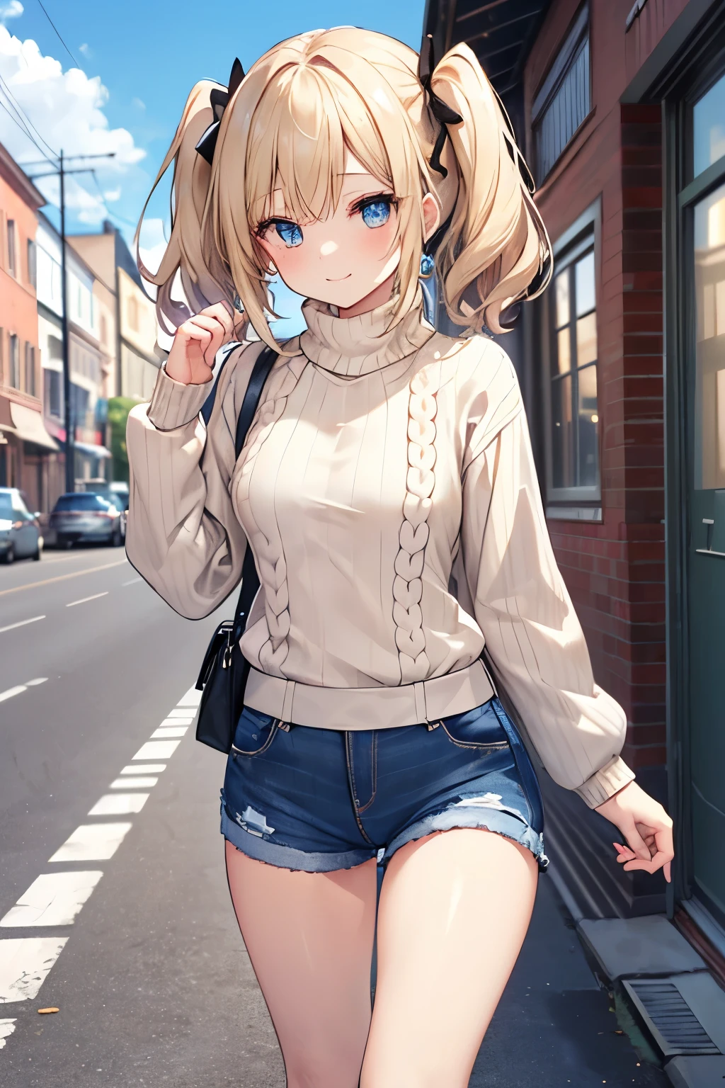 Blonde、Blue Eyes、girl、Small breasts、Twin tails、girl、Small breasts、Lolita、Bright smile、Looks about 15 years old、Petan Musume、short、目のhighlight、Sexy thighs、Walking Outside、blue sky、(Long knit sweater with beige high neck:1.4), ,(Blue jeans fabric shorts),Your eyes are so beautiful、highlight