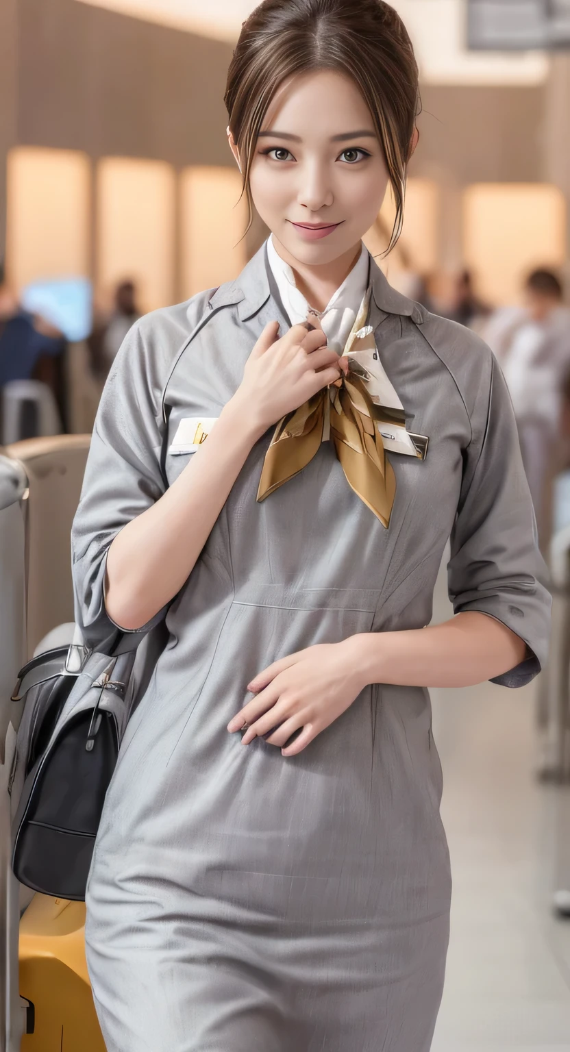 (masterpiece:1.2、highest quality:1.2)、32K HDR、High resolution、(alone、1 girl、Slim figure)、（Realistic style with Starlux Airlines uniform）、 (In the airport lounge, Professional Lighting)、Airport Lounge Background、A proper woman, Beautiful Face,、（Starlux Airlines silver uniform:1.4）、（Starlux Airlines silver uniform with short sleeves）、（scarf on chest）、Big Breasts、（Long Hair Up、Hair Bun）、Dark brown hair、Long Shot、（（Great hands：2.0））、（（Harmonious body proportions：1.5））、（（Normal limbs：2.0））、（（Normal finger：2.0））、（（Delicate eyes：2.0））、（（Normal eyes：2.0））)、Beautiful standing posture、smile,Place your hands around your stomach