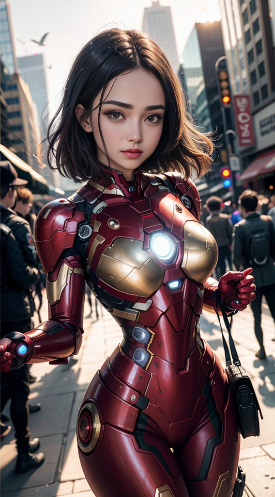 Iron Man, bustling metropolis, (inspired by the Avengers), Iron Man suit, (8k, foto RAW, fotorrealista: 1, 25), (muito brilho labial, lots of eyelashes, melhor qualidade, ultra high resolution, profundidade de campo, Chromatic aberration, Luz Ampla, Cor Natural, distant image (1:2)