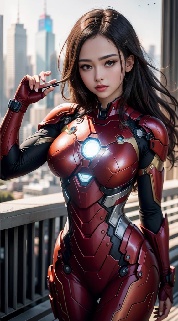 Iron Man, bustling metropolis, (inspired by the Avengers), Iron Man suit, (8k, foto RAW, fotorrealista: 1, 25), (muito brilho labial, lots of eyelashes, melhor qualidade, ultra high resolution, profundidade de campo, Chromatic aberration, Luz Ampla, Cor Natural, distant image (1:2)