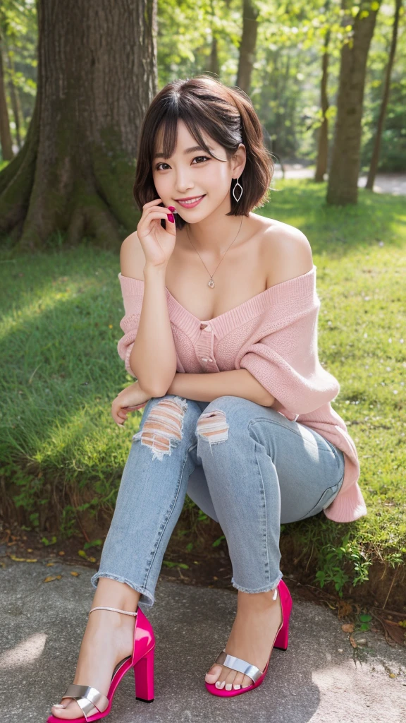 (8k, Photorealistic, Raw photo, Highest quality: 1.4),Japanese idol style１Beautiful girl of the person,18-year-old,Short Bob,Silver Hair,Hang your hair over your ears,Wearing small earrings in the ears,Big, clear grey eyes,Long eyelashes,Tear bags,There is a blackhead under the left eye,Plump Cheeks,Wearing pink lipstick,Apply gloss over your lipstick for glossy, plump lips,A short pendant is hanging around her neck.,Both hands have pink nail polish on their nails,Both toenails have red nail polish,Smiling,She is wearing a camisole and an off-the-shoulder summer knit.,Wearing skin-tight, ripped jeans,She is wearing red high heels on her bare feet,She is surrounded by the gentle sunlight filtering through the trees.,Full body portrait
