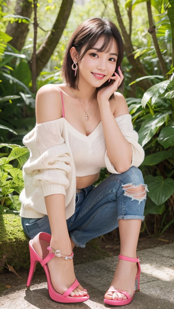 (8k, Photorealistic, Raw photo, Highest quality: 1.4),Japanese idol style１Beautiful girl of the person,18-year-old,Short Bob,Silver Hair,Hang your hair over your ears,Wearing small earrings in the ears,Big, clear grey eyes,Long eyelashes,Tear bags,There is a blackhead under the left eye,Plump Cheeks,Wearing pink lipstick,Apply gloss over your lipstick for glossy, plump lips,A short pendant is hanging around her neck.,Both hands have pink nail polish on their nails,Both toenails have red nail polish,Smiling,She is wearing a camisole and an off-the-shoulder summer knit.,Wearing skin-tight, ripped jeans,She is wearing red high heels on her bare feet,She is surrounded by the gentle sunlight filtering through the trees.,Full body portrait