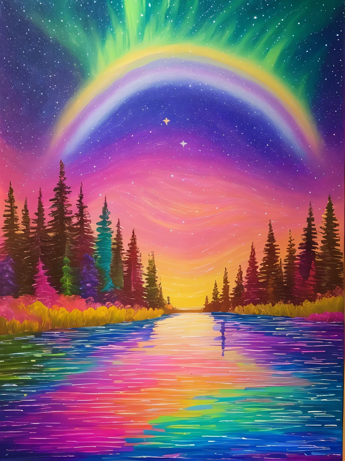 a painting of a colorful sky with stars and a lake, ✏️🎨, rainbow aurora, infused with aurora borealis, detailed acrylic painting, astral aurora, jen bartel, acrylic paint on canvas, beautiful aesthetic art, with aurora borealis in the sky, “ femme on a galactic shore, intricate oil pastel glow, psychedelic sky, acrylic painting on oiled canvas